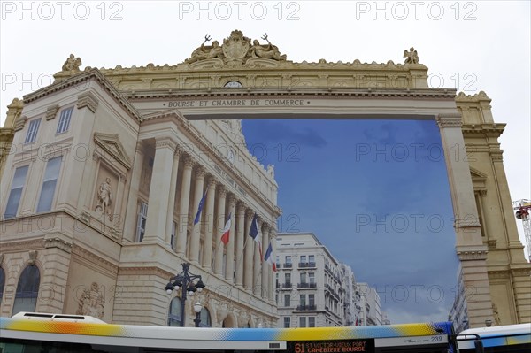 Marseille, Facade of the stock exchange and chamber of commerce building with reflection and
