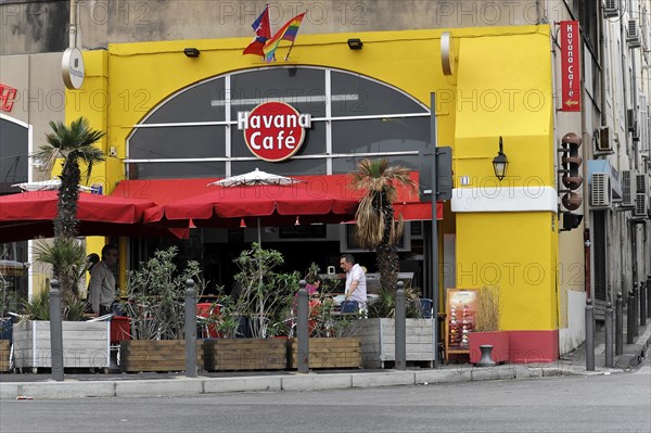 Marseille, A cafe facade with red awnings and the name Havana Cafe, Marseille, Departement
