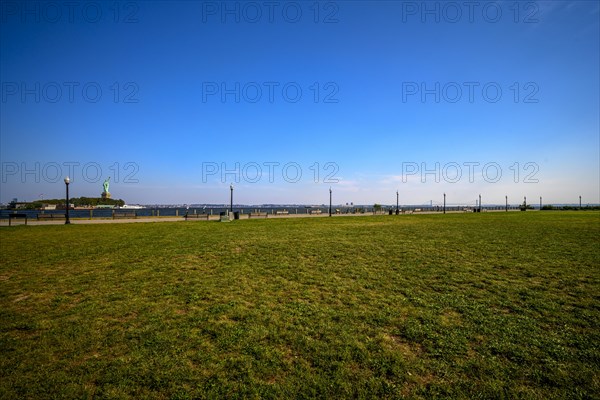 Views on New York Harbor, Manhattan and Statue of Liberty from the Liberty State Park, Jersey City,