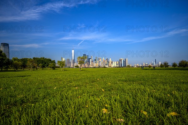 Views on New York Harbor, Manhattan and Statue of Liberty from the Liberty State Park, Jersey City,