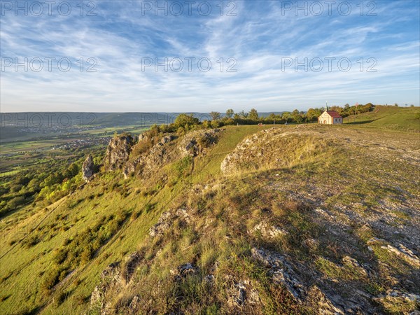 Evening on the Ehrenbuerg witness mountain, also known as Walberla, the Walburgis Chapel in the