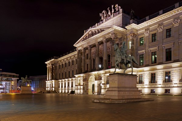 Replica of Brunswick Castle and equestrian statue at night, shopping centre, Brunswick, Lower