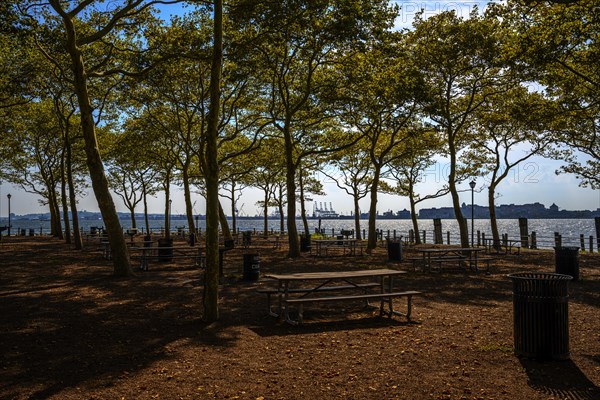 Views on New York Harbor, Manhattan and Statue of Liberty from the Liberty State Park, Jersey City,