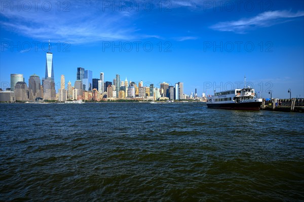 Views on New York Harbor, Manhattan and Statue of Liberty from the Liberty State Park, Jersey City,