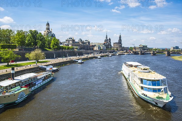 View of the historic old town ensemble and the steamer landing stage on the Terrassenufer in