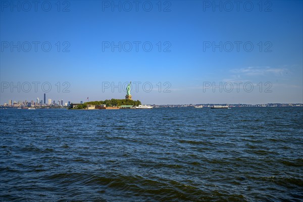 Views on New York Harbor, Manhattan and Statue of Liberty from the Liberty State Park, Jersey City,