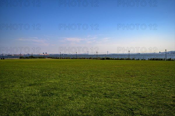Views on New York Harbor, Manhattan and Statue of Liberty from the Liberty State Park, Jersey City,