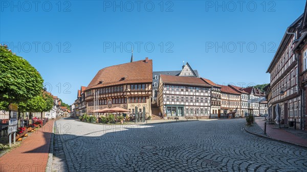 Town hall and half-timbered houses on the market square, Stolberg im Harz, Saxony-Anhalt, Germany,