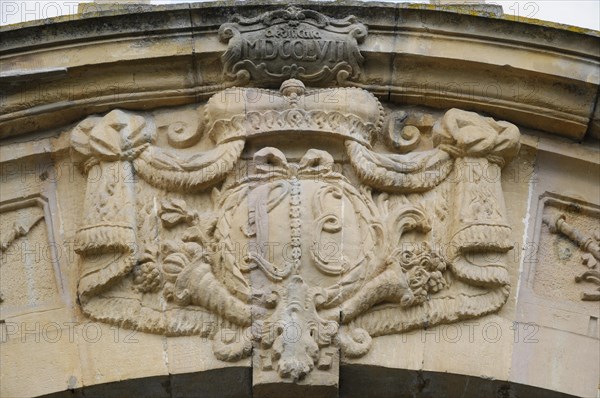 Langenburg Castle, Stone coat of arms shield with decorations on a wall as an architectural detail,