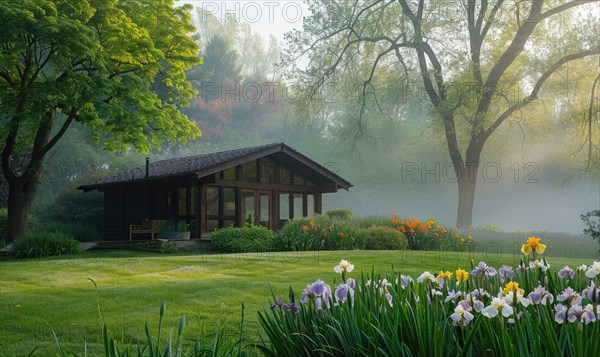 Morning mist enveloping a contemporary wooden cabin hidden deep within a spring garden filled with