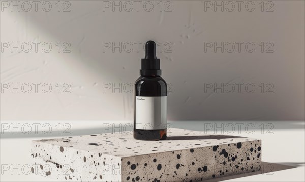 Studio shot of a matte black glass bottle mockup showcasing a product, minimalist branding AI