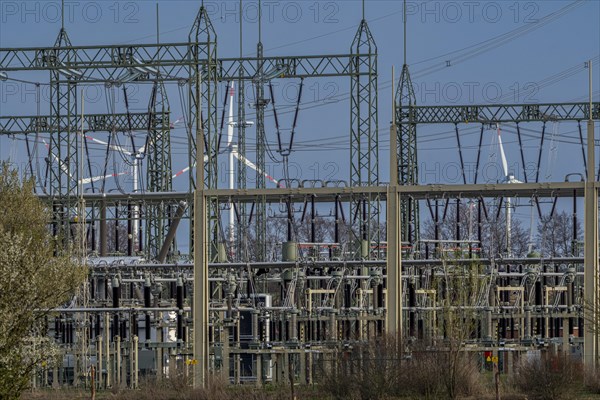 Stendal West substation with wind turbines in the background near Luederitz, Stendal,