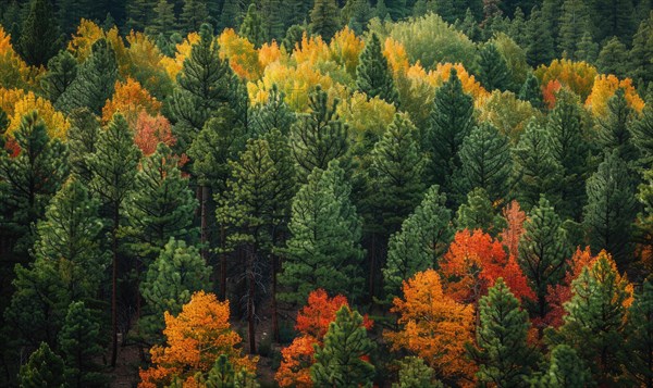 The vibrant colors of autumn foliage contrasting with the deep green of pine trees in a forest,
