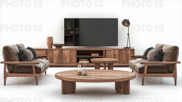 Cozy modern living room with television, wooden furniture, and leather sofas, ai generated, AI