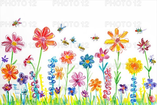 Flower meadow with bees, drawing with coloured pencils by a child of preschool age, primary school