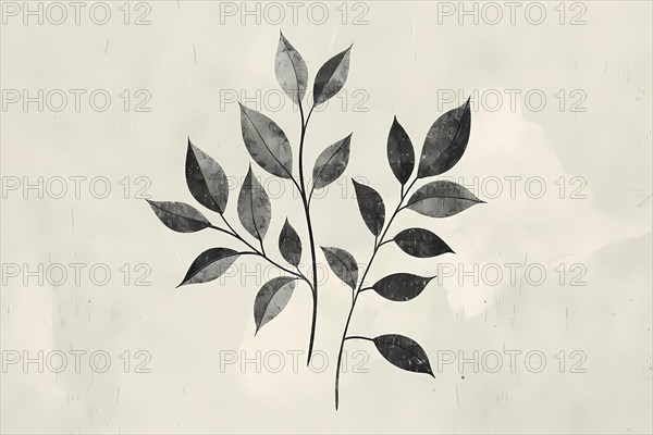Minimalist botanical illustration of leaves in sepia tones with subtle texture, illustration, AI