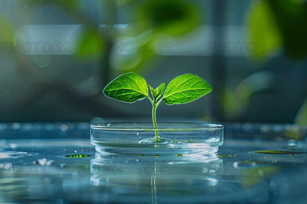 Small plant seedling in petri dish in research lab. Concept for biotechnology and genetic