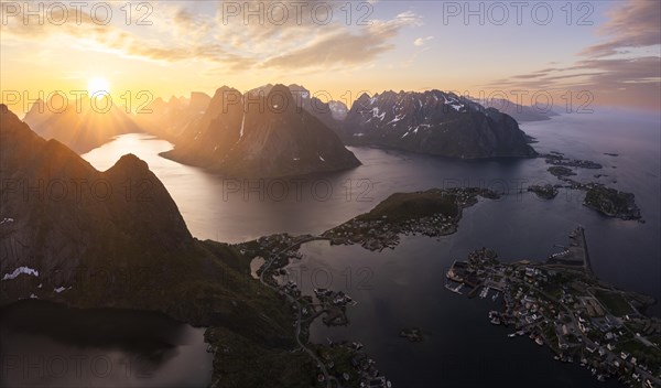 Mountain landscape, view from Reinebringen mountain to the village of Reine and Gravdalsbukta