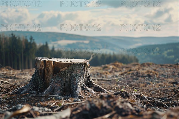 Tree stump empty landscape and forest in background. Deforestation concept. KI generiert,