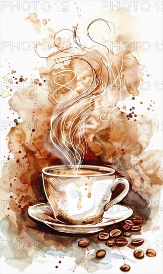 A coffee cup with steam rising from it and a few coffee beans on the table. Scene is warm and