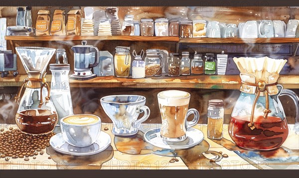 Watercolor illustration of a coffee shop scene with various coffee-related items like cups AI