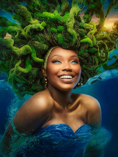 Serene woman in a blue dress with moss hair growing and thriving, creating a mystical and