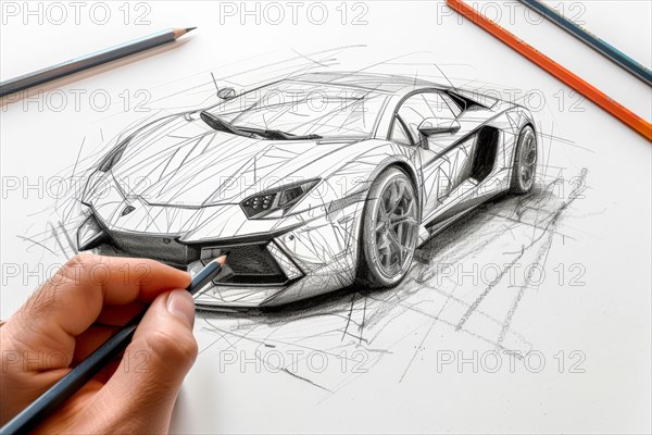 A designer in the field of automotive design, industrial design sketches a super sports car by hand