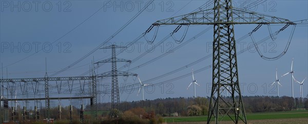 Stendal West substation with wind turbines in the background near Luederitz, Stendal,