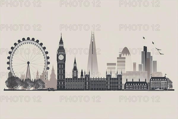 Silhouette illustration of iconic London landmarks in a minimalist cityscape, illustration, AI