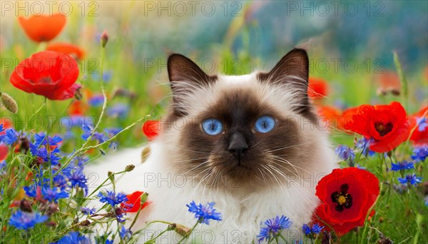 KI generated, animal, animals, mammal, mammals, cat, felidae (Felis catus), a cat lies in a meadow