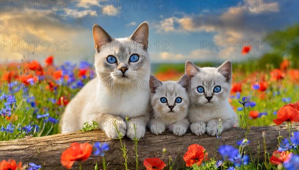KI generated, animal, animals, mammal, mammals, cat, felidae (Felis catus), a cat and two kittens