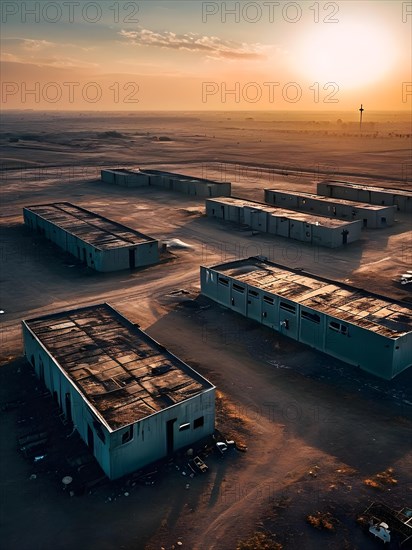 Aerial view of deserted military base featuring empty barracks and abandoned tanks in silent, AI