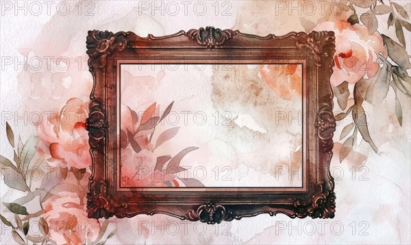 A gold frame with pink flowers on the wall. Abstract background with frame and space for text AI