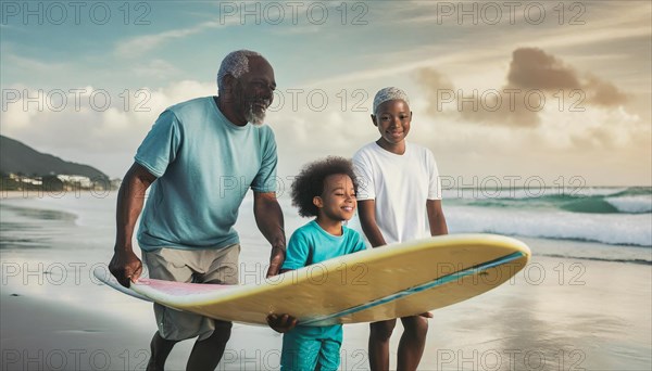 Family time at the beach with a senior man, daughter and a boy enjoying with a surfboard at