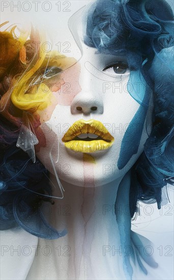 Delicate surreal portrait of a female with abstract pastel elements and windblown hair, Vertical