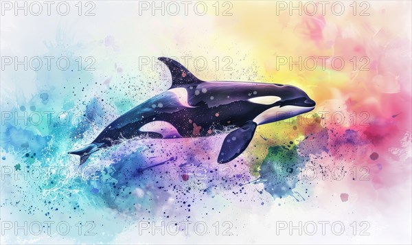 A watercolor depiction of an orca whale breaching the surface against a backdrop of vibrant ocean