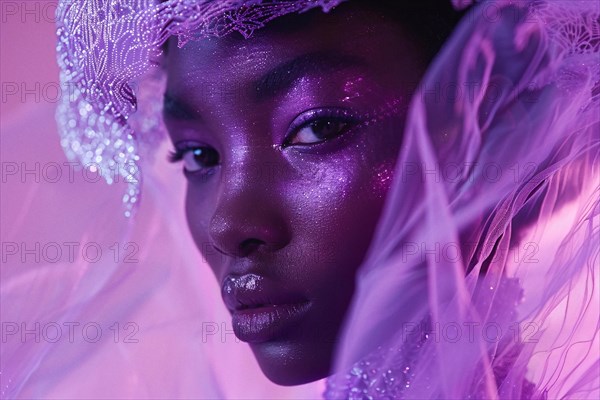 Dreamy portrait of a woman adorned with feathers and makeup in mesmerizing purple hues, AI