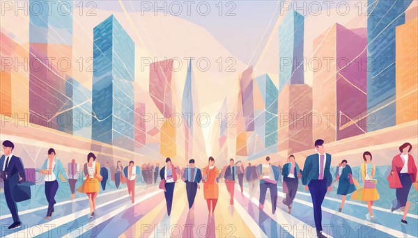 Geometrically abstracted image of a busy urban street with businesspeople and pastel buildings, low