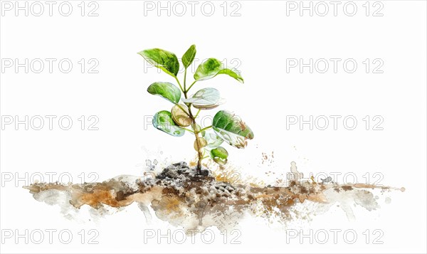 Tree sprout with coins growing from its buds, watercolor illustration on white background AI