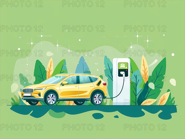 Yellow electric SUV being charged at a charging station surrounded by foliage, illustration, AI