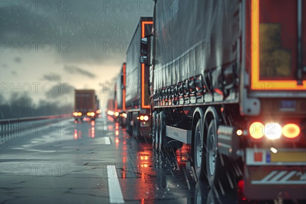 Traffic jam, congested motorway with many lorries and cars in rainy weather, poor weather