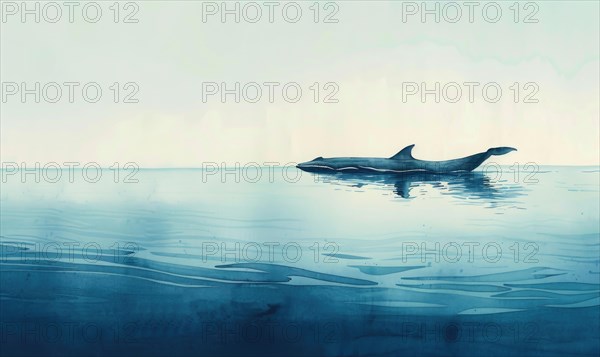A serene watercolor painting featuring a solitary whale gracefully gliding through calm ocean