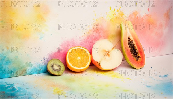 Fruit arrangement against a colorful paint-splattered background, blending art and food,