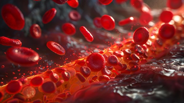 Microscopic view of red blood cells with a dynamic, glowing orange background, ai generated, AI