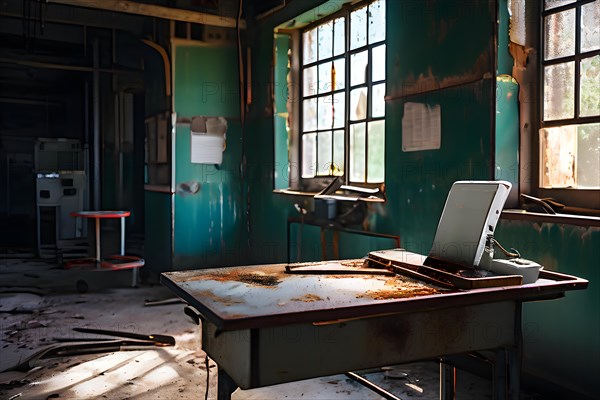 Abandoned hospital inside view of a deserted operating theater with rusting surgical tools, AI