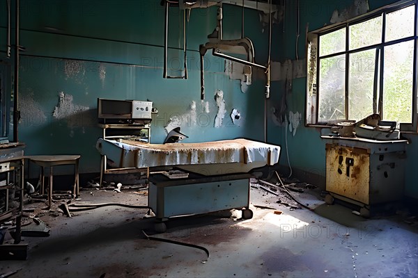 Deserted operating theater rusting surgical tools scattered on a surgical table, AI generated,