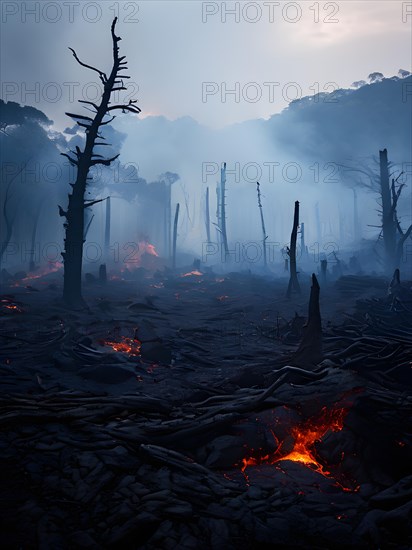 Charred tree skeletons in a smoke filled landscape remnants of a forest fire ignited by lava flow,