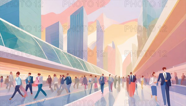 Artwork of people in business attire mingling in a modern cityscape with pastel tones, low poly