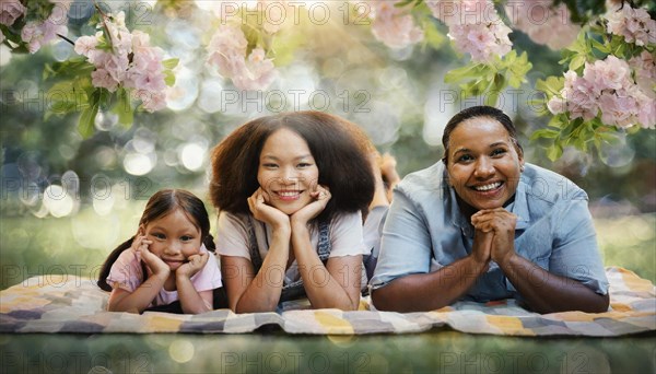 A happy mother and daughter lying on a picnic blanket surrounded by nature and flowers, AI