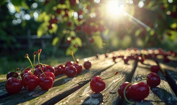 Ripe cherries scattered on a wooden picnic table in the dappled sunlight of a cherry orchard AI